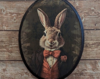 Mr Rabbit Victorian Portrait - Vintage Style Cottagecore Animal Wall Art Bunny - Wooden Wood Decor Plaque Sign - Handmade photo transfer