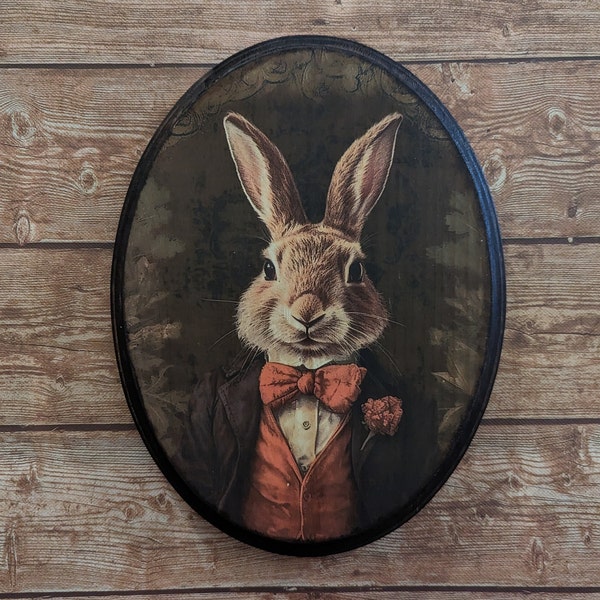 Mr Rabbit Victorian Portrait - Vintage Style Cottagecore Animal Wall Art Bunny - Letrero de placa de decoración de madera - Transferencia de fotos hecha a mano