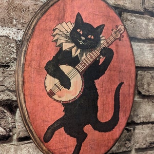 Black Cat Playing a Banjo Art 1896 Boston MA Shortstory Poster Wall Art Wood Plaque Sign Handmade photo transfer image 2