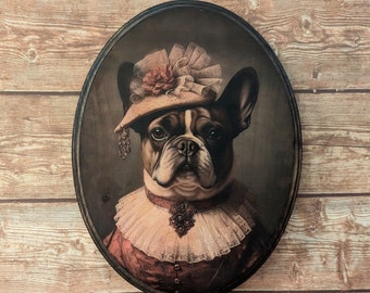 Miss Frenchie French Bulldog Dog Victorian Portrait - Vintage Style Animal Dog Wall Art - Wooden Décor Plaque Sign - Handmade photo transfer