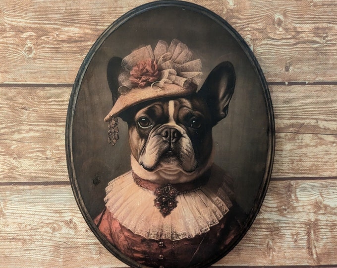 Miss Frenchie Ritratto vittoriano di cane Bulldog francese - Arte da parete per cani animali in stile vintage - Targa decorativa in legno - Trasferimento fotografico fatto a mano