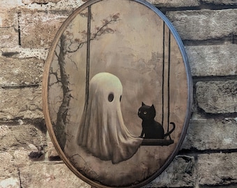 Vintage Ghost On Swing with Black Cat - Halloween Fall Gothic Wall Art - Wooden Décor Plaque Sign - Handmade transfer - Victorian wall decor