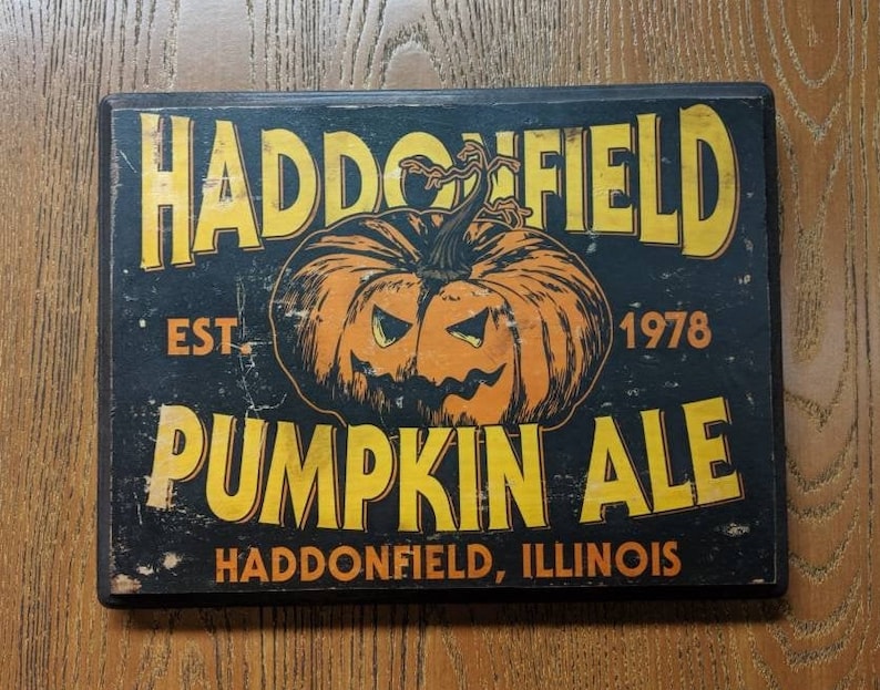 Haddonfield Pumpkin Ale Halloween Michael Myers Wood Sign Wall Plaque Handmade wood ink transfer image 2