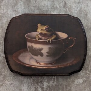 Frog in Teacup Wall Art - Handmade Wood Plaque Sign - Frog Toad Amphibian Wall Art - Tea Wall Décor Cottagecore Animal