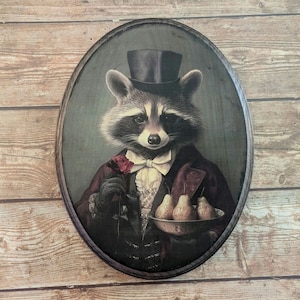 May include: A raccoon wearing a top hat and a bow tie holds a red rose and a plate of pears. The raccoon is depicted in a vintage style portrait.