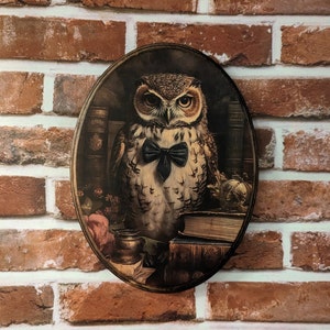Miss Owl Victorian Portrait with Books - Vintage Style Cottagecore Animal Wall Art - Wooden Decor Plaque Sign - Handmade photo transfer