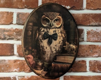 Miss Owl Victorian Portrait with Books - Vintage Style Cottagecore Animal Wall Art - Wooden Decor Plaque Sign - Handmade photo transfer