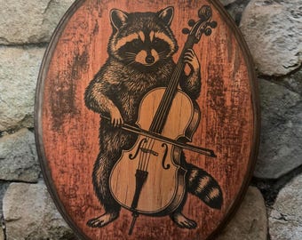 Raccoon Playing a Cello Art - Boston MA Shortstory Poster Wall Art - Wood Plaque Sign Handmade photo transfer Trash Panda Halloween