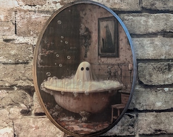 Vintage Ghost In Bathtub - Bathroom Halloween Fall Gothic Wall Art - Wooden Décor Plaque Sign - Handmade transfer - Victorian wall decor
