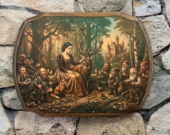 Sneeuwwitje van de gebroeders Jacob en Wilhelm Grimm - Victoriaans geïnspireerde stijl verhalenboek muurkunst - Handgemaakte houten plaquette