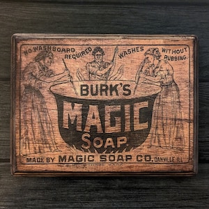 Decorazione murale &quot;Sapone magico da strega&quot; di Burk - Pubblicità di sapone - Decorazione murale per bagno e lavanderia - Targa in legno fatta a mano