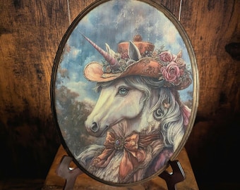 Miss Unicorn Vintage Victoriaans houten portret - houten muurkunst mythisch wezen - decor plaquette - handgemaakt