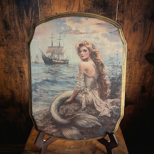 Sirena victoriana vintage con barcos - Placa de madera para pared - Arte decorativo mítico - Arte mural de bruja hecho a mano 2