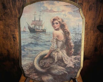Vintage Victorian Mermaid with Ships - Wooden Wall Plaque Sign- Mythical Wall Décor Art - Handmade Witch Wall Art 2