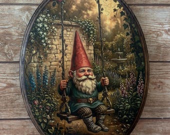 Garden Gnome On a Swing Wooden Wall Art - Handmade Wood Plaque Sign - Cottagecore Woods Forest Wall Art Gnomes Vintage