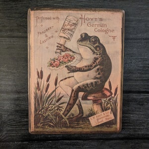 Vintage Frog Advertisement - Hoyt&#39;s German Cologne - Handmade Wood Plaque Sign - Frog on Mushroom Cottagecore Toad Amphibian Wall Art