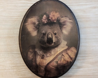 Miss Koala Victorian Portrait - Vintage Style Australian Animal Wall Art - Wooden Cottagecore Décor Plaque Sign - Handmade photo transfer