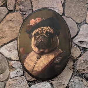 Miss Pug Dog in Flower Hat Victorian Portrait - Vintage Style Animal Pug Dog Wall Art - Wooden Décor Plaque Sign - Handmade photo transfer