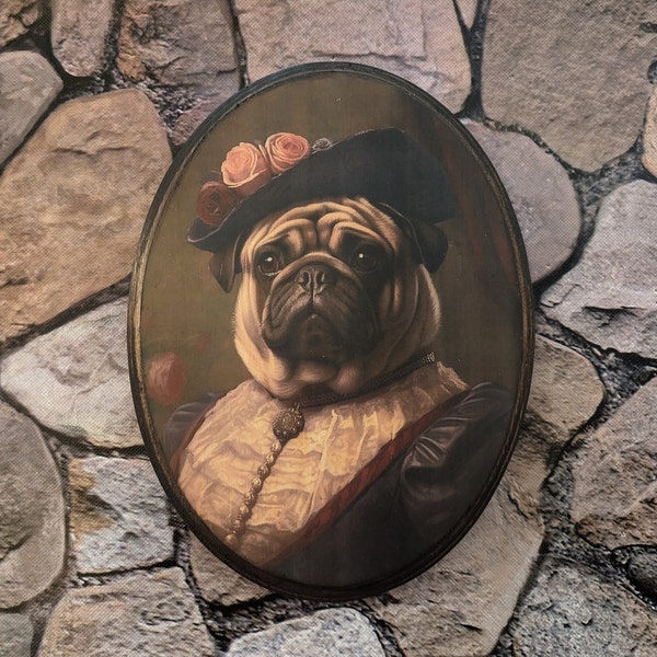 Portrait victorien de Miss Carlin Dog in Flower Hat - Art mural chien Carlin de Style vintage - Plaque décorative en bois - Transfert photo fait main