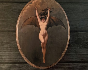 La Femme Chauve-Souris by Albert Joseph Pénot - Witch Bat Wall Art- Handmade Wooden Wood Sign - Penot Batwoman Goth Décor