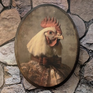 Mr Rooster Chicken Victorian Portrait - Vintage Style Cottagecore Farm Animal Wall Art - Wooden Décor Plaque Sign - Handmade photo transfer