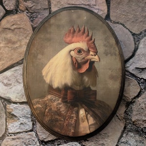 Mr Rooster Huhn Viktorianisches Porträt - Cottagecore Bauernhof Vintage Stil Wandkunst - Holzdekor-Plakette - Handgemachter Foto-Transferdruck