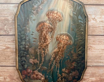 Kwallen Victoriaanse stijl portret - vintage dieren kunst aan de muur - houten decor plaquette - handgemaakte fotooverdracht Nautical Oceanlife