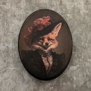 Miss Fox Victorian Wood Portrait Wall Art - Vintage Style Animal - Wooden Decor Plaque Sign - Handmade photo transfer - Fox Wall Art