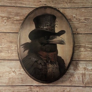 Mr Crow Victorian Portrait - Vintage Style Animal Wall Art - Wooden Wood Decor Plaque Sign - Handmade photo transfer Raven Bird