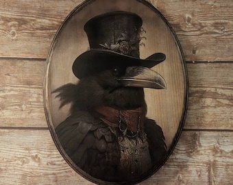 Portrait victorien de Mr Crow - Art mural animalier de style vintage - Plaque décorative en bois en bois - Transfert photo fait main Raven Bird