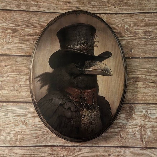 Victoriaans portret Mr Crow - vintage stijl dierenmuurkunst - houten houten decor plaquette - handgemaakte fotooverdracht Raven Bird