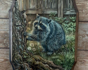 Jimothy Wood Portrait -  Seattle Washington Raccoon Wooden Wall Art - Décor Plaque Sign - Handmade Image Transfer - Wildlife Cottagecore