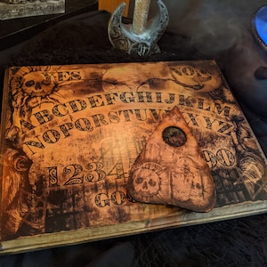Full size Wooden Spirit Board with Planchette - Wood Plaque - Witchcraft Séance Cemetery Sun Moon - Handmade photo transfer
