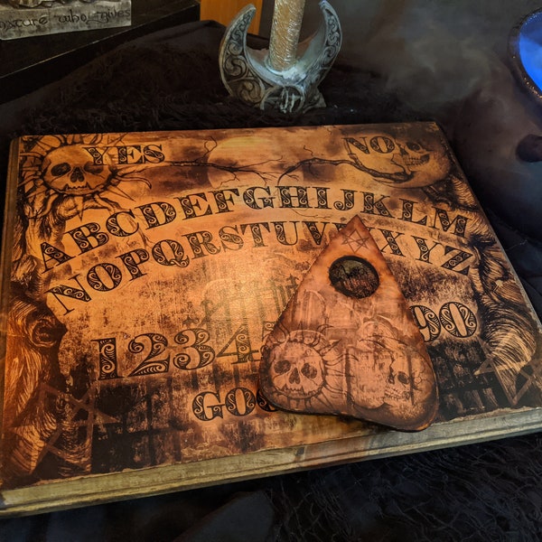 Houten spiritboard op ware grootte met Planchette - Houten plaquettebord Begraafplaats, Sun Moon-inktoverdracht