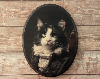 Mr Tuxedo Cat Victorian Portrait - Vintage Style Animal Wall Art - Wooden Decor Plaque Sign - Handmade photo transfer