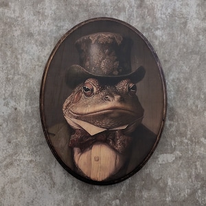 Mr Frog Victorian Portrait Wearing Top Hat - Vintage Style Animal Wall Art - Wooden Wood Decor Plaque Sign - Handmade photo transfer Toad