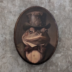 Mr Frog Victorian Portrait - Vintage Style Cottagecore Animal Wall Art - Wooden Wood Decor Plaque Sign - Handmade photo transfer Toad