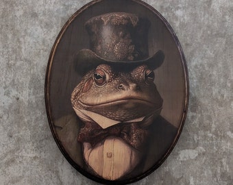 Mr Frog Victorian Portrait - Vintage Style Cottagecore Animal Wall Art - Wooden Wood Decor Plaque Sign - Handmade photo transfer Toad