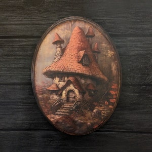 Mushroom Cottage houten muurkunst - handgemaakt houten bord - Cottagecore muurbord