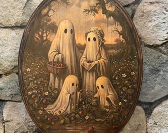 Vintage Ghost Family Picking Strawberries - Haunted Halloween Fall Gothic Wall Art - Wooden Décor Plaque Handmade transfer Strawberry Art