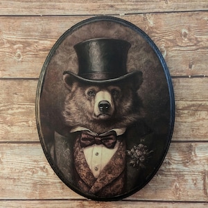 Mr Bear ビクトリア朝の肖像画 - ヴィンテージスタイルの動物の荒野の小屋の壁アート - 木製の装飾プレートサイン - 手作りの写真転写