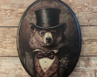 Mr Bear Victorian Portrait - Vintage Style Animal Wilderness Cabin Wall Art - Wooden Decor Plaque Sign - Handmade photo transfer