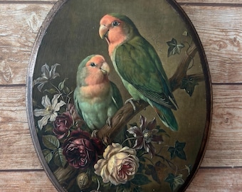 Lovebirds Victorian Style Art - Vintage Style Animal Bird Wall Art - Wooden Decor Plaque Sign - Handmade photo transfer - Love Birds