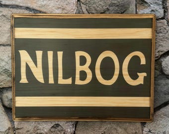 Nilbog Troll 2 Wall Sign plaque - Handmade wood ink transfer - Horror Halloween Wall Art
