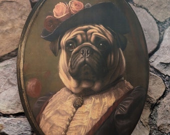 花の帽子をかぶったミス・パグ犬のビクトリア朝風肖像画