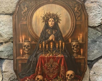 Bone Witch Priestess - Witch Wall Art - Handmade Wood Plaque Sign - Witchcraft Wall Art - Image Transfer