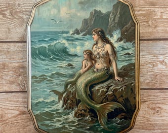 Moeder zeemeermin met dochter - houten plaquette - mythische zeemeermin wanddecoratie kunst - handgemaakte heks kunst aan de muur - kunst in Victoriaanse stijl