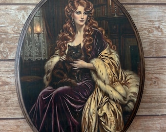 Victorian Cat Lady - Victorian Style Wall Art - Handmade Wood Plaque Sign - Black Cat Victorian Painted Style Image Trasfer