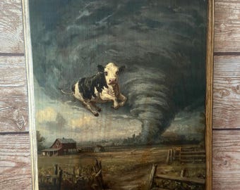 Cow in a Tornado Victorian Style Art - Vintage Style Farm Animal Wall Decor - Wooden Plaque Sign - Handmade photo transfer