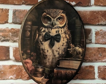 Miss Owl Victorian Portrait with Books - Vintage Style Cottagecore Animal Wall Art - Wooden Decor Plaque Sign - Handmade photo transfer